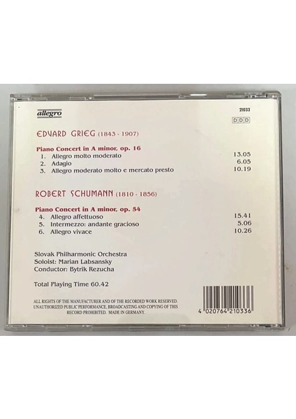 Grieg Schumann Piano Concerts CD (Orijinal Dönem Baskı Cd)