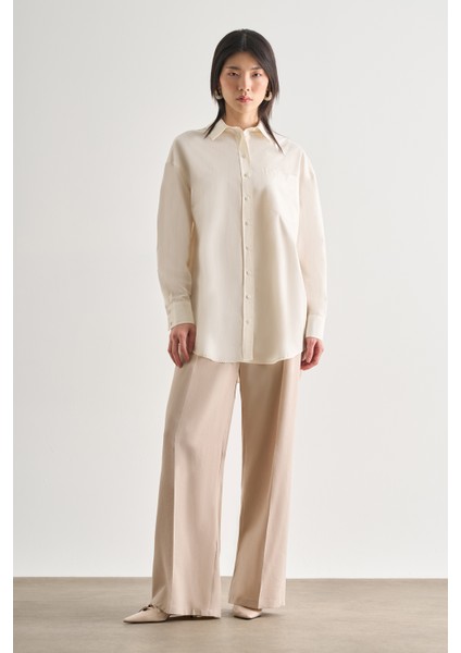 Premium Saf Pamuk Ekru Oversize Gömlek