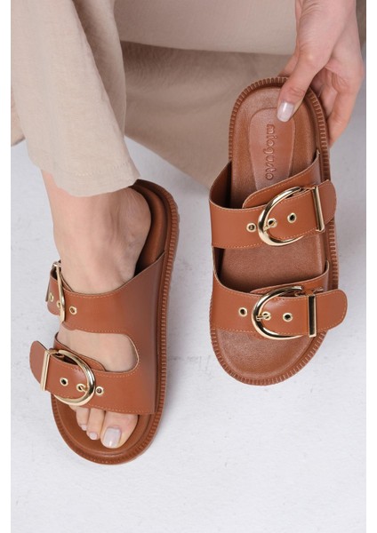 Estella Taba Renk Çift Tokalı Kadın Terlik