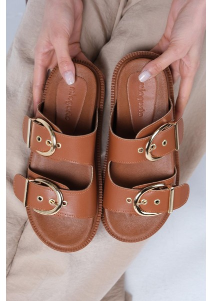 Estella Taba Renk Çift Tokalı Kadın Terlik modelleri