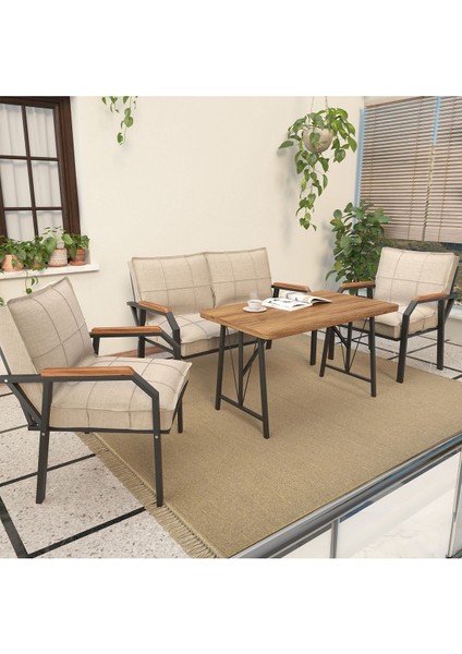 Hayal Serisi Balkon, Bahçe, Cafe - Metal Kanepe Koltuk Takımı - 2+1+1 70 x 110 cm Masalı - Krem