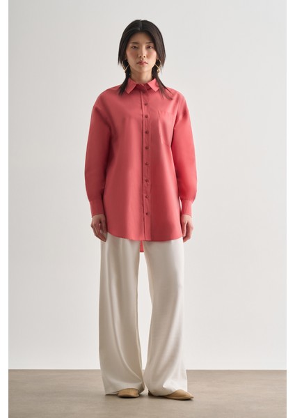 Premium Saf Pamuk Şeftali Rengi Oversize Gömlek