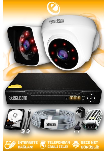 2 Kameralı Kare 1 İç Kamera Set 100 GB HDD Full Hd Gece Görüşlü Güvenlik Kamerası Sistemi