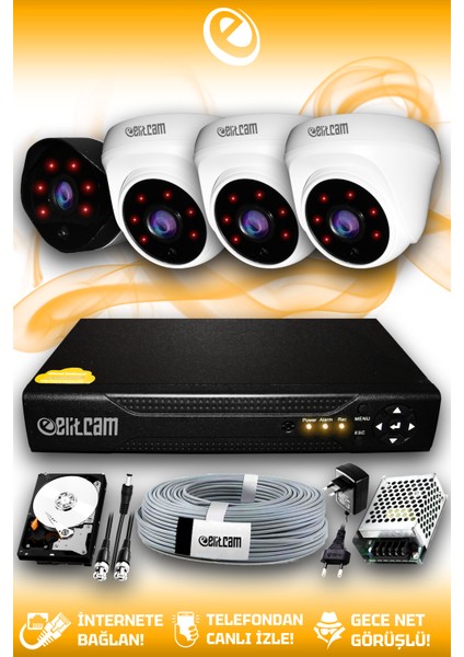 4 Kameralı Uzay 3 İç Kamera Set 250 GB HDD Full Hd Gece Görüşlü Güvenlik Kamerası Sistemi