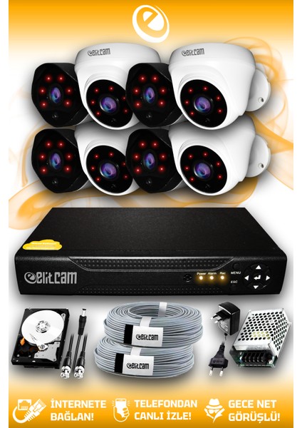 8 Kameralı Uzay 4 İç Kamera Set 2 Tb HDD Full Hd Gece Görüşlü Güvenlik Kamerası Sistemi