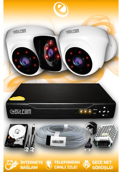 3 Kameralı Kare 2 İç Kamera Set 1 Tb HDD Full Hd Gece Görüşlü Güvenlik Kamerası Sistemi