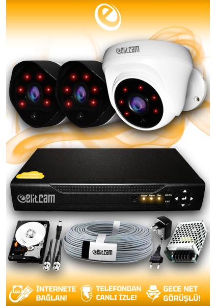3 Kameralı Uzay 1 İç Kamera Set 100 GB HDD Full Hd Gece Görüşlü Güvenlik Kamerası Sistemi