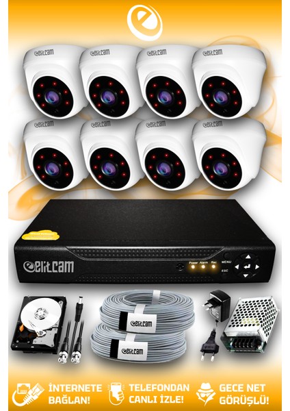 8 Kameralı Dome 8 Iç Kamera Set 250 GB HDD Full Hd Gece Görüşlü Güvenlik Kamerası Sistemi