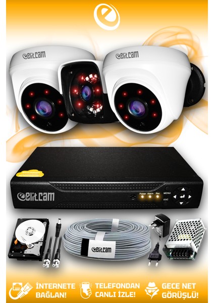3 Kameralı Panda 2 İç Kamera Set 500 GB HDD Full Hd Gece Görüşlü Güvenlik Kamerası Sistemi