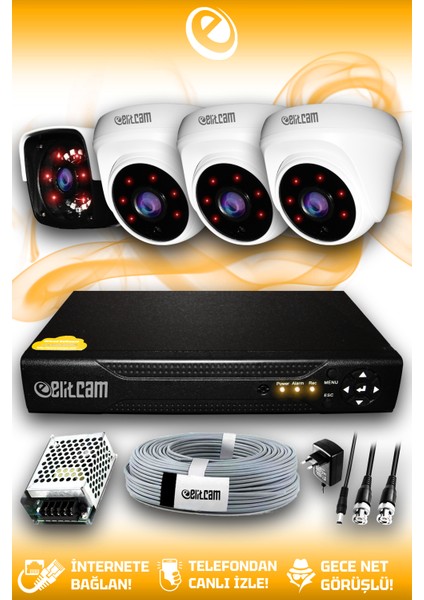 4 Kameralı Panda 3 İç Kamera Set Hdd'siz Full Hd Gece Görüşlü Güvenlik Kamerası Sistemi