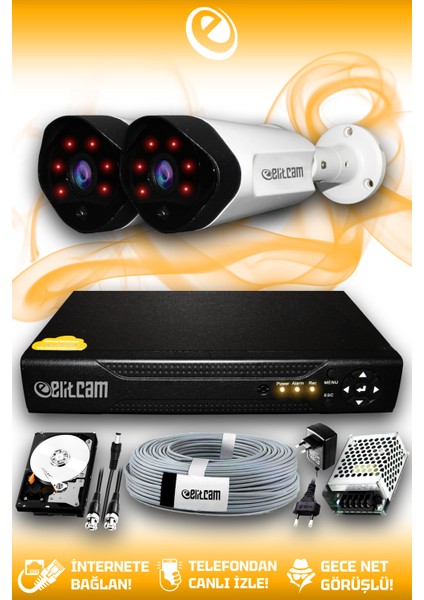 2 Kameralı Uzay 2 Dış Kamera Set 500 GB HDD Full Hd Gece Görüşlü Güvenlik Kamerası Sistemi