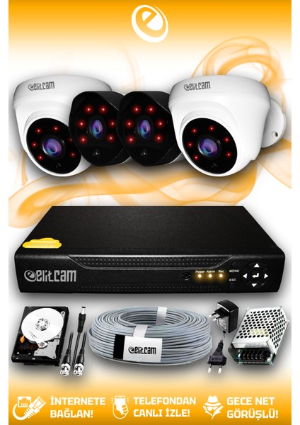 4 Kameralı Uzay 2 İç Kamera Set 250 GB HDD Full Hd Gece Görüşlü Güvenlik Kamerası Sistemi