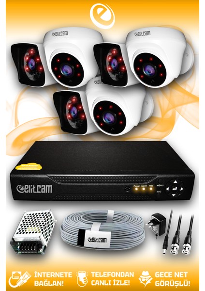 6 Kameralı Kare 3 İç Kamera Set Hdd'siz Full Hd Gece Görüşlü Güvenlik Kamerası Sistemi