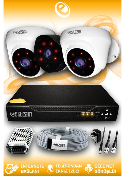 3 Kameralı Uzay 2 İç Kamera Set Hdd'siz Full Hd Gece Görüşlü Güvenlik Kamerası Sistemi