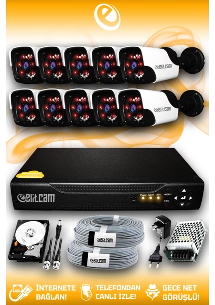 10 Kameralı Panda 10 Dış Kamera Set 1 Tb HDD Full Hd Gece Görüşlü Güvenlik Kamerası Sistemi