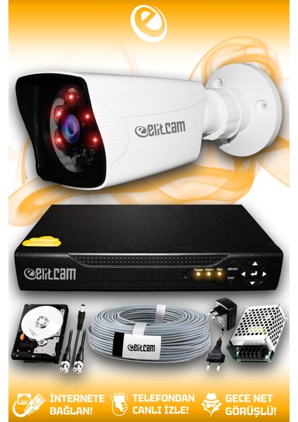 1 Kameralı Kare 1 Dış Kamera Set 2 Tb HDD Full Hd Gece Görüşlü Güvenlik Kamerası Sistemi
