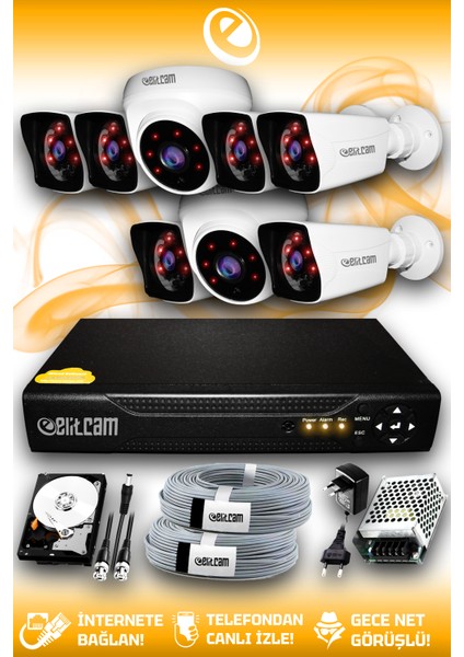 8 Kameralı Kare 2 İç Kamera Set 2 Tb HDD Full Hd Gece Görüşlü Güvenlik Kamerası Sistemi