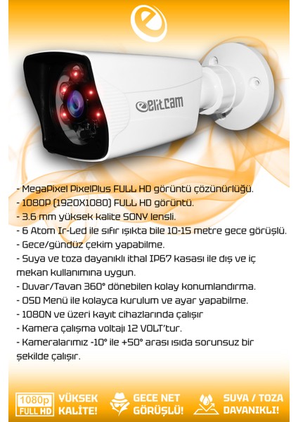 8 Kameralı Kare 2 İç Kamera Set 2 Tb HDD Full Hd Gece Görüşlü Güvenlik Kamerası Sistemi