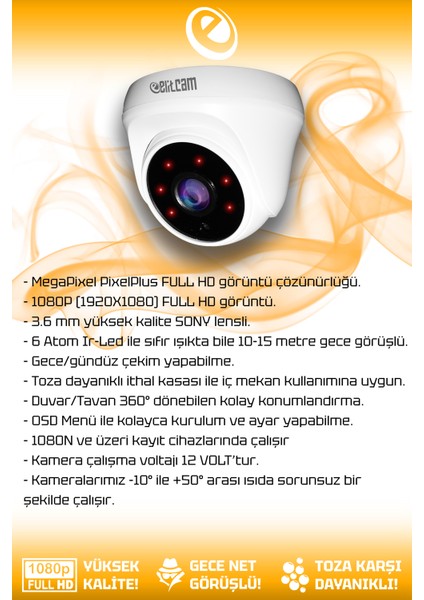 8 Kameralı Kare 2 İç Kamera Set 2 Tb HDD Full Hd Gece Görüşlü Güvenlik Kamerası Sistemi