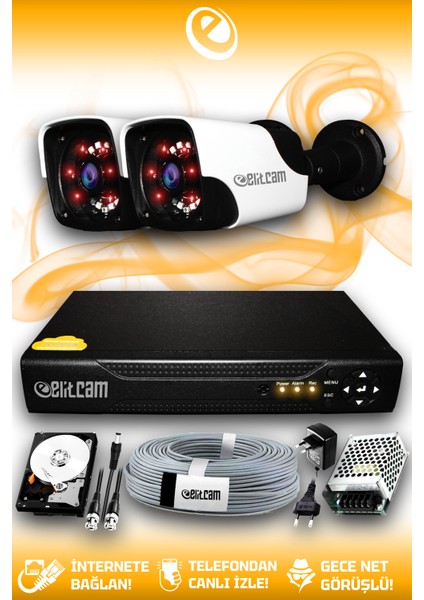 2 Kameralı Panda 2 Dış Kamera Set 100 GB HDD Full Hd Gece Görüşlü Güvenlik Kamerası Sistemi