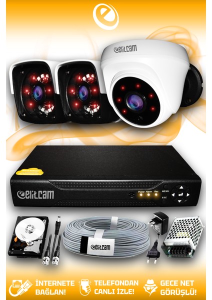 3 Kameralı Panda 1 İç Kamera Set 320 GB HDD Full Hd Gece Görüşlü Güvenlik Kamerası Sistemi