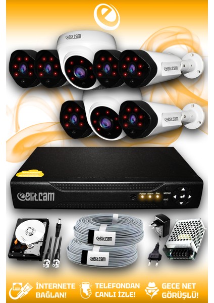 8 Kameralı Uzay 2 İç Kamera Set 1 Tb HDD Full Hd Gece Görüşlü Güvenlik Kamerası Sistemi