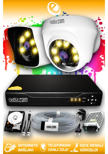 2 Kameralı Kare 1 İç Kamera Set 2 Tb HDD Full Hd Renkli Gece Görüşlü Güvenlik Kamerası Sistemi