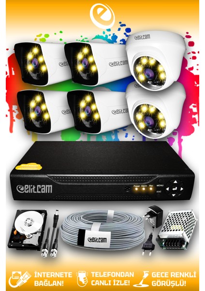 6 Kameralı Kare 2 İç Kamera Set 1 Tb HDD Full Hd Renkli Gece Görüşlü Güvenlik Kamerası Sistemi