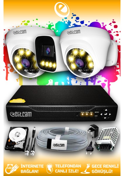 3 Kameralı Zebra 2 İç Kamera Set 250 GB HDD Full Hd Renkli Gece Görüşlü Güvenlik Kamerası Sistemi