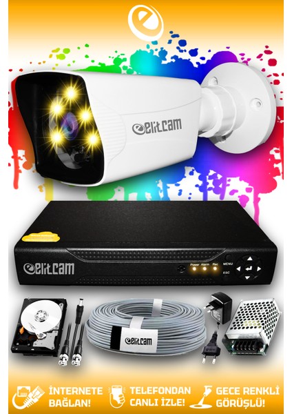 1 Kameralı Kare 1 Dış Kamera Set 1 Tb HDD Full Hd Renkli Gece Görüşlü Güvenlik Kamerası Sistemi