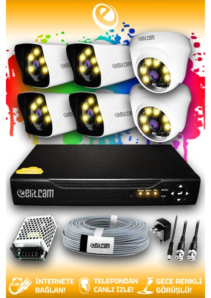 6 Kameralı Kare 2 İç Kamera Set Hdd'siz Full Hd Renkli Gece Görüşlü Güvenlik Kamerası Sistemi