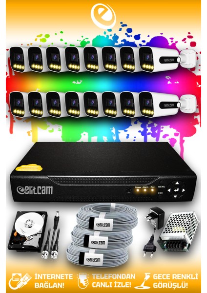 16 Kameralı Zebra 16 Dış Kamera Set 1 Tb HDD Full Hd Renkli Gece Görüşlü Güvenlik Kamerası Sistemi