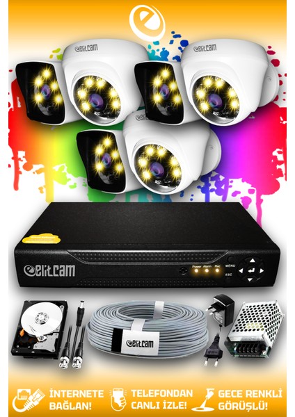 6 Kameralı Kare 3 İç Kamera Set 100 GB HDD Full Hd Renkli Gece Görüşlü Güvenlik Kamerası Sistemi