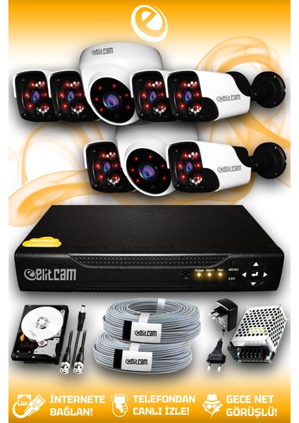 8 Kameralı Panda 2 İç Kamera Set 100 GB HDD Full Hd Gece Görüşlü Güvenlik Kamerası Sistemi