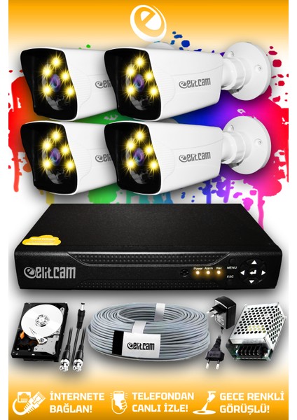 4 Kameralı Kare 4 Dış Kamera Set 2 Tb HDD Full Hd Renkli Gece Görüşlü Güvenlik Kamerası Sistemi
