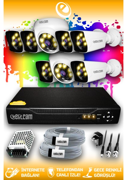 8 Kameralı Kare 2 İç Kamera Set Hdd'siz Full Hd Renkli Gece Görüşlü Güvenlik Kamerası Sistemi