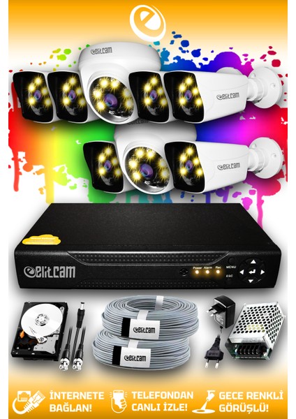 8 Kameralı Kare 2 İç Kamera Set 100 GB HDD Full Hd Renkli Gece Görüşlü Güvenlik Kamerası Sistemi