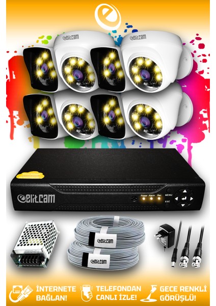 8 Kameralı Kare 4 İç Kamera Set Hdd'siz Full Hd Renkli Gece Görüşlü Güvenlik Kamerası Sistemi