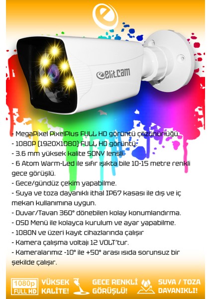 8 Kameralı Kare 4 İç Kamera Set Hdd'siz Full Hd Renkli Gece Görüşlü Güvenlik Kamerası Sistemi