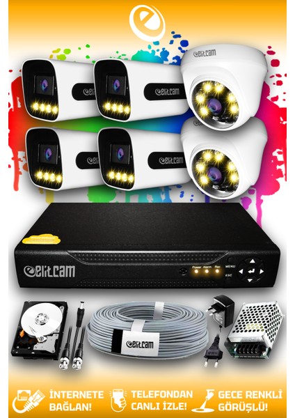 6 Kameralı Zebra 2 İç Kamera Set 250 GB HDD Full Hd Renkli Gece Görüşlü Güvenlik Kamerası Sistemi