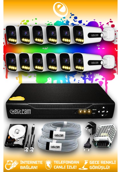 12 Kameralı Zebra 12 Dış Kamera Set 100 GB HDD Full Hd Renkli Gece Görüşlü Güvenlik Kamerası Sistemi