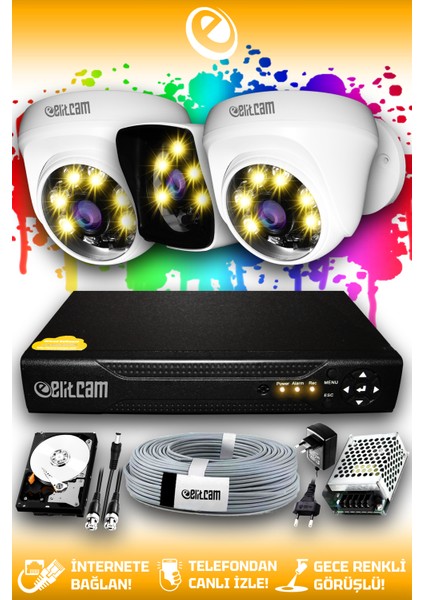 3 Kameralı Kare 2 İç Kamera Set 2 Tb HDD Full Hd Renkli Gece Görüşlü Güvenlik Kamerası Sistemi