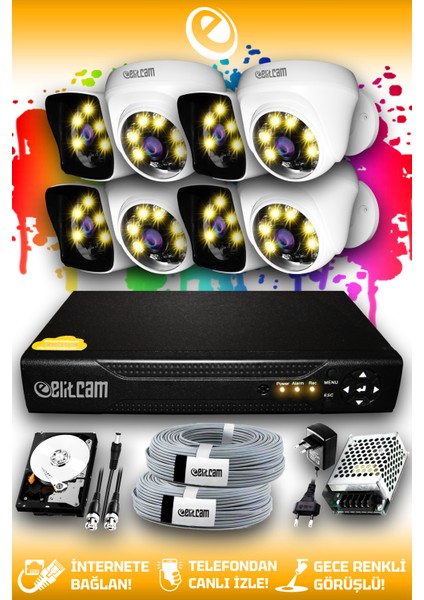 8 Kameralı Kare 4 İç Kamera Set 2 Tb HDD Full Hd Renkli Gece Görüşlü Güvenlik Kamerası Sistemi