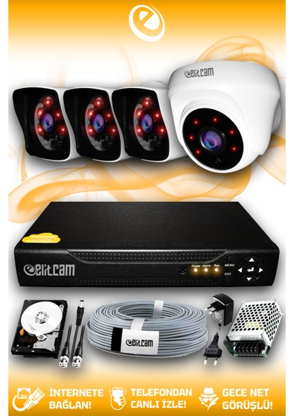 4 Kameralı Kare 1 Iç Kamera Set 100 GB HDD Full Hd Gece Görüşlü Güvenlik Kamerası Sistemi