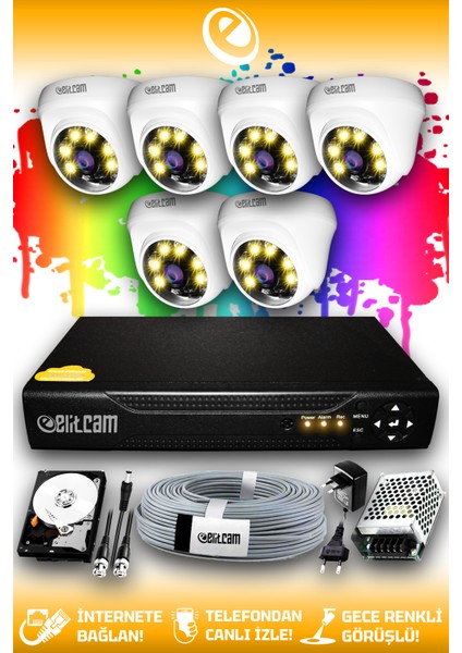 6 Kameralı Dome 6 Iç Kamera Set 1 Tb HDD Full Hd Renkli Gece Görüşlü Güvenlik Kamerası Sistemi