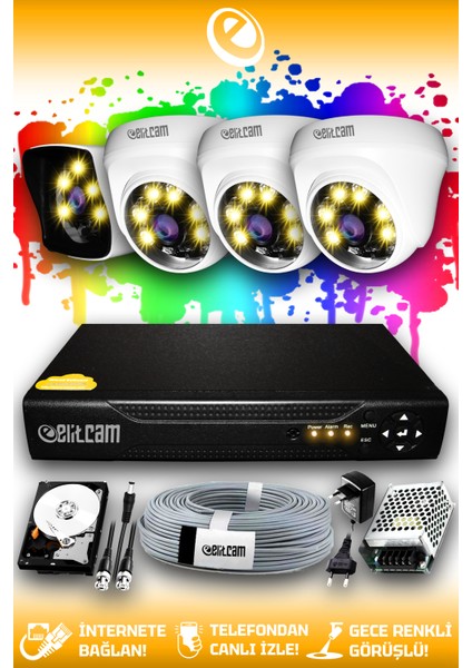 4 Kameralı Kare 3 İç Kamera Set 2 Tb HDD Full Hd Renkli Gece Görüşlü Güvenlik Kamerası Sistemi