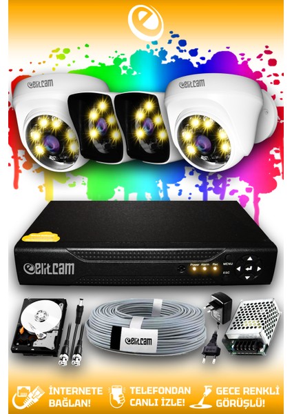 4 Kameralı Kare 2 Iç Kamera Set 320 GB HDD Full Hd Renkli Gece Görüşlü Güvenlik Kamerası Sistemi