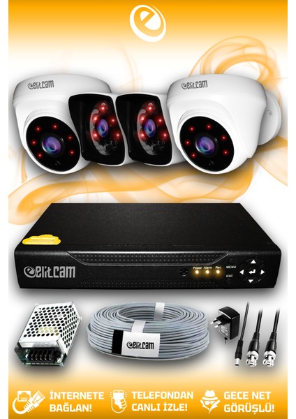 4 Kameralı Kare 2 İç Kamera Set Hdd'siz Full Hd Gece Görüşlü Güvenlik Kamerası Sistemi