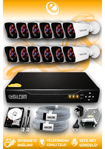 12 Kameralı Kare 12 Dış Kamera Set 250 GB HDD Full Hd Gece Görüşlü Güvenlik Kamerası Sistemi