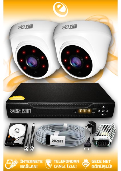 2 Kameralı Dome 2 Iç Kamera Set 2 Tb HDD Full Hd Gece Görüşlü Güvenlik Kamerası Sistemi
